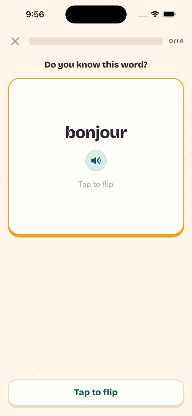 A flashcard showing the French word bonjour