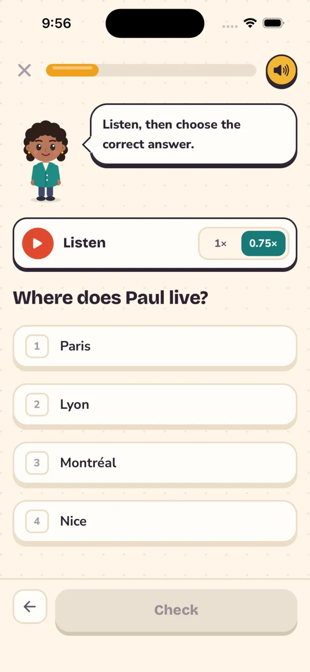 A listening exercise with a play button, a speed switch and four answers