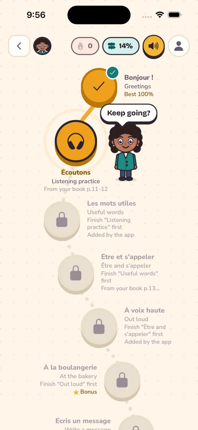 The LingoLearn course path: a winding trail of lessons with a character beside the current one