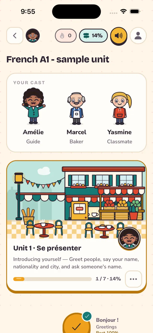 A unit page with three characters and a café scene